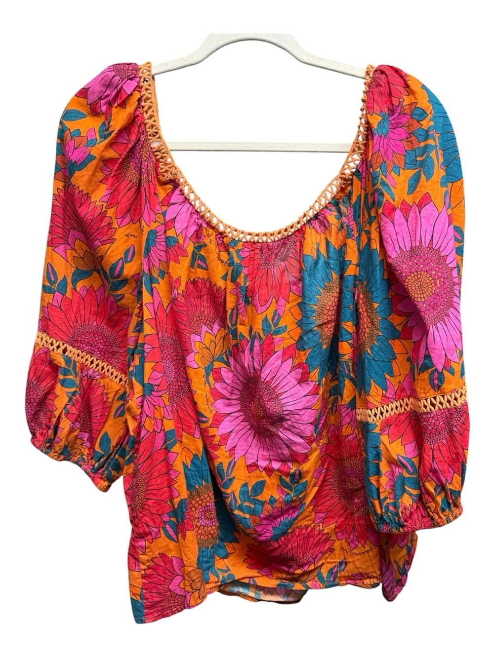 FARM RIO x Anthropologie Sunflower Lace Inset Peasant Top Blouse L